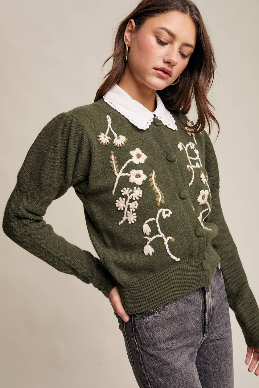 Floral Embroidered Puff Sleeve Cardigan