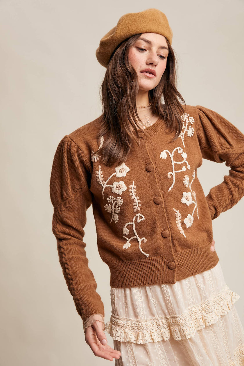 Floral Embroidered Puff Sleeve Cardigan