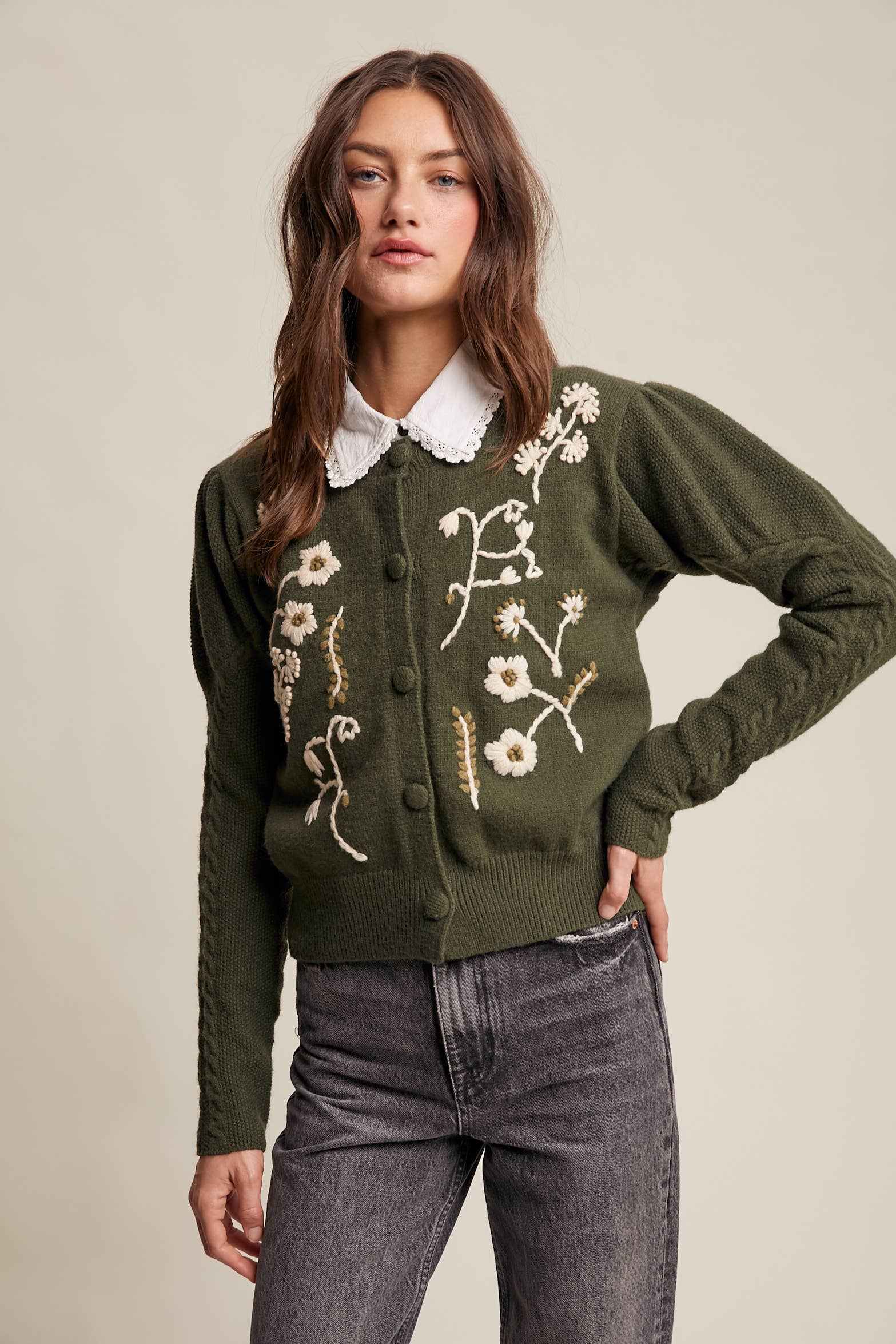 Floral Embroidered Puff Sleeve Cardigan