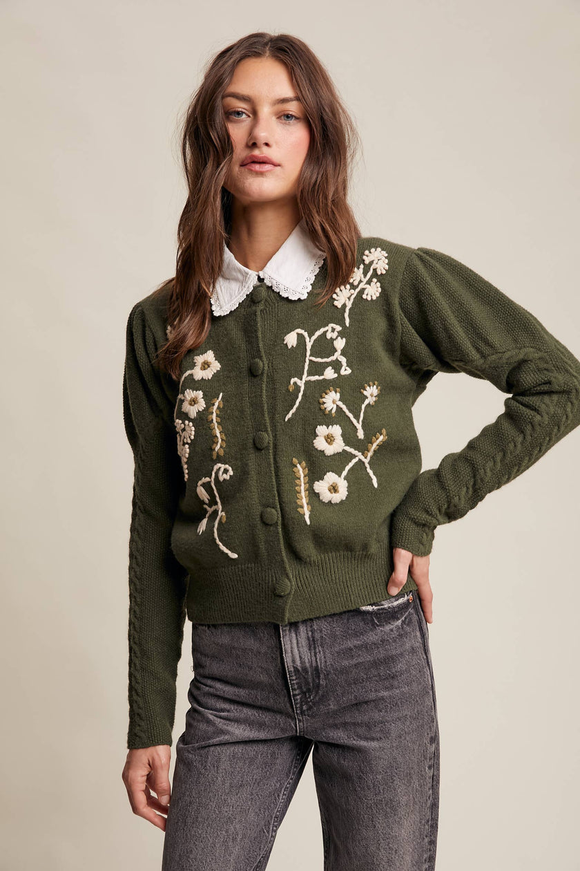 Floral Embroidered Puff Sleeve Cardigan