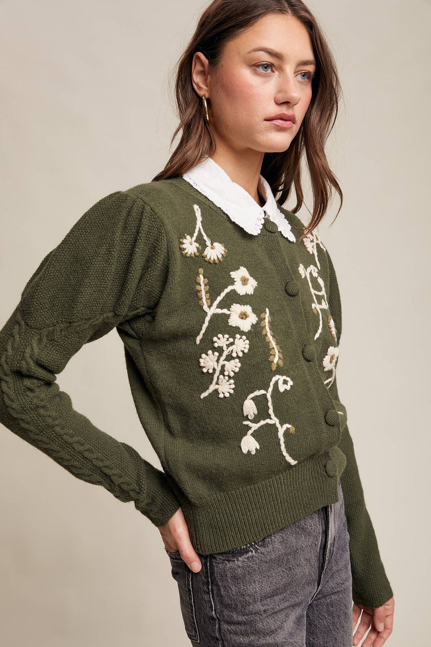 Floral Embroidered Puff Sleeve Cardigan