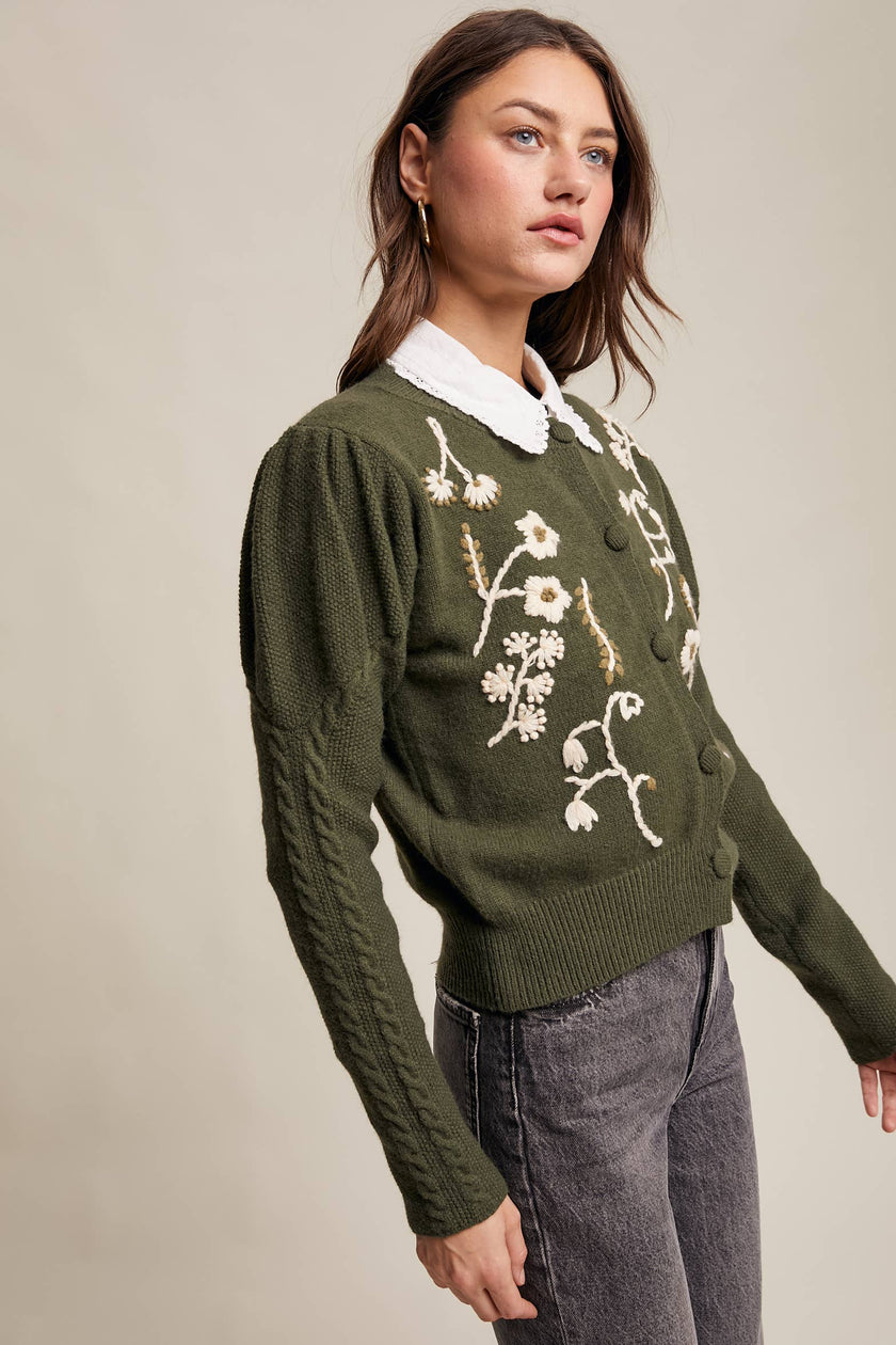 Floral Embroidered Puff Sleeve Cardigan