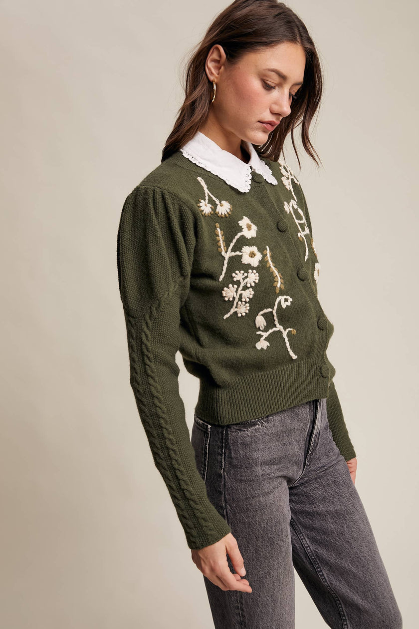 Floral Embroidered Puff Sleeve Cardigan