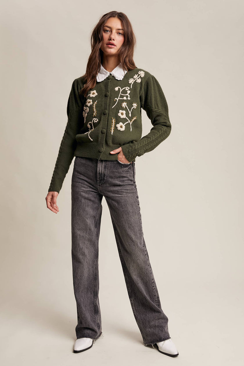 Floral Embroidered Puff Sleeve Cardigan