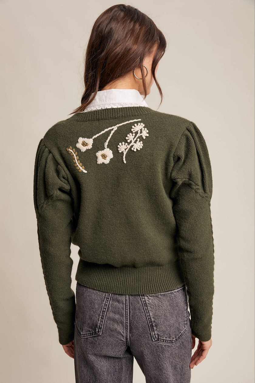 Floral Embroidered Puff Sleeve Cardigan