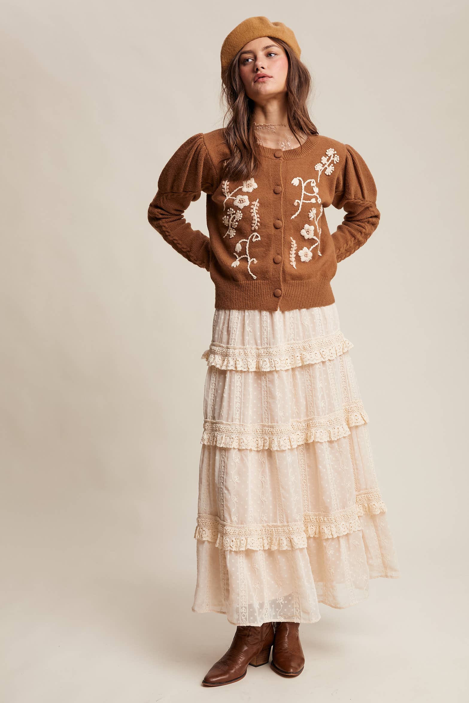 Floral Embroidered Puff Sleeve Cardigan