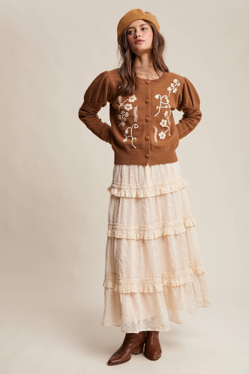 Floral Embroidered Puff Sleeve Cardigan