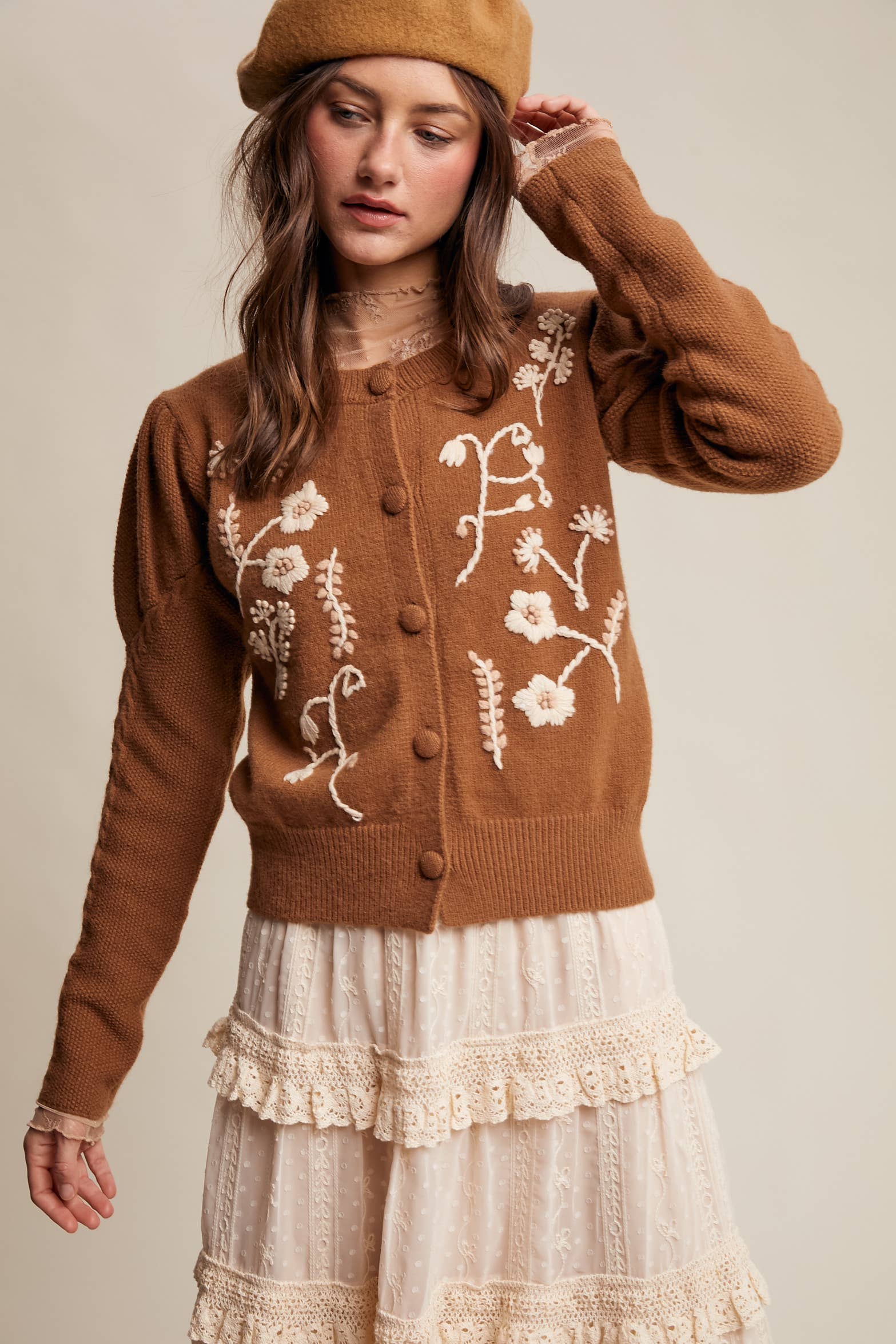 Floral Embroidered Puff Sleeve Cardigan