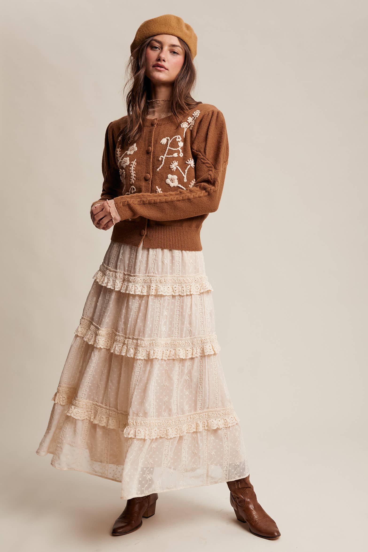 Floral Embroidered Puff Sleeve Cardigan