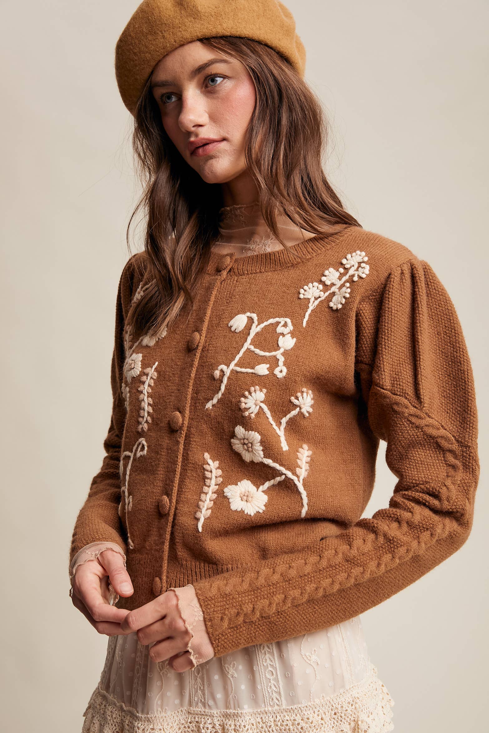 Floral Embroidered Puff Sleeve Cardigan