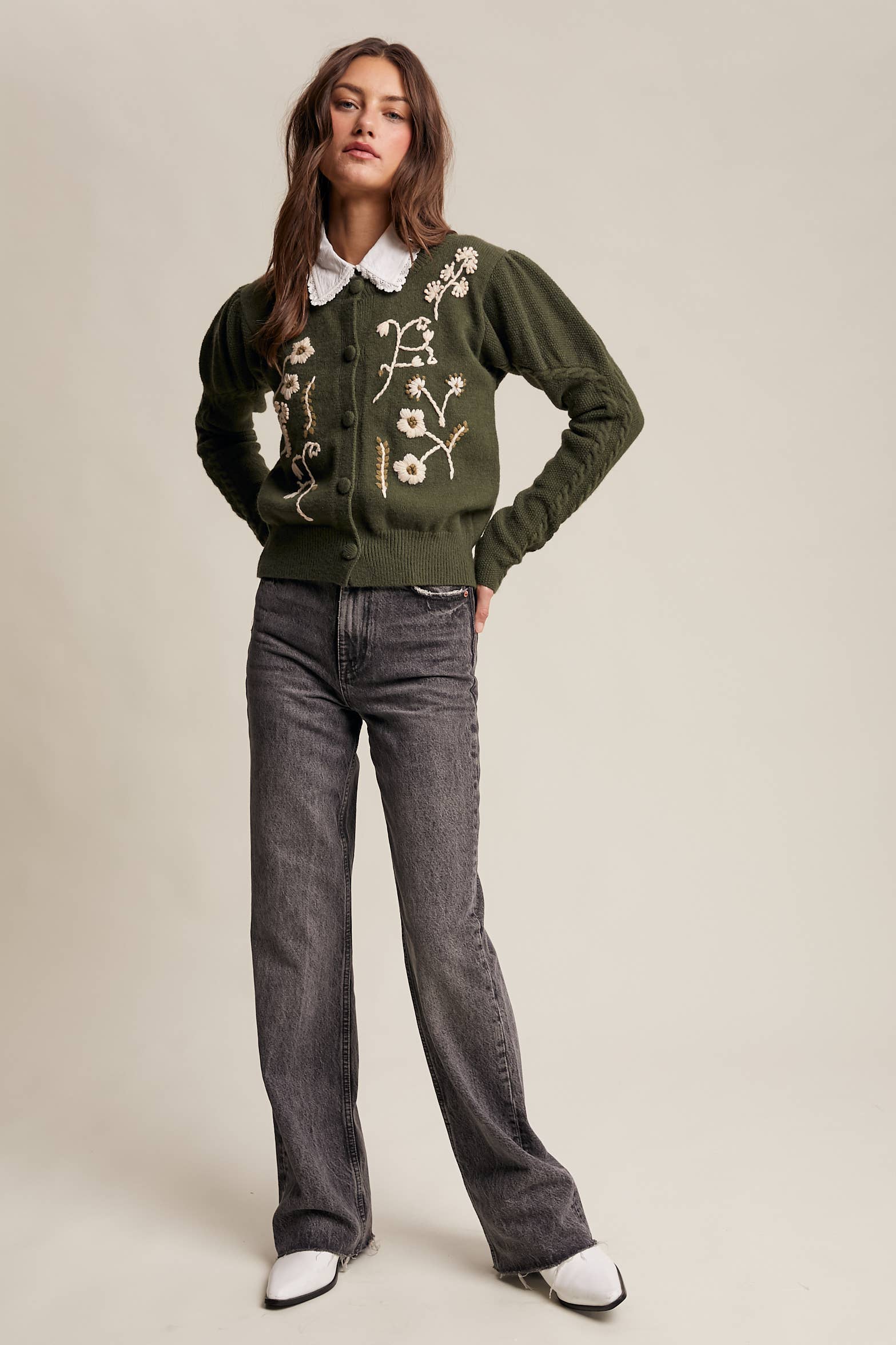 Floral Embroidered Puff Sleeve Cardigan