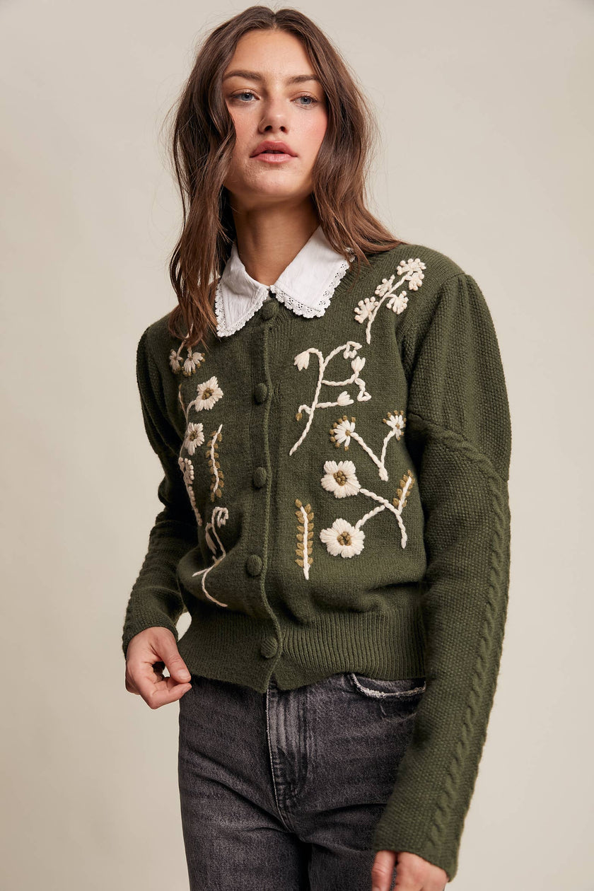 Floral Embroidered Puff Sleeve Cardigan
