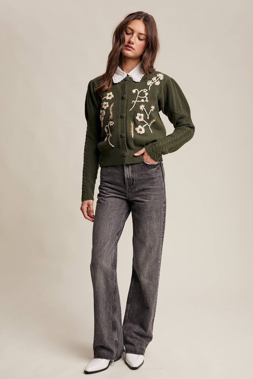 Floral Embroidered Puff Sleeve Cardigan