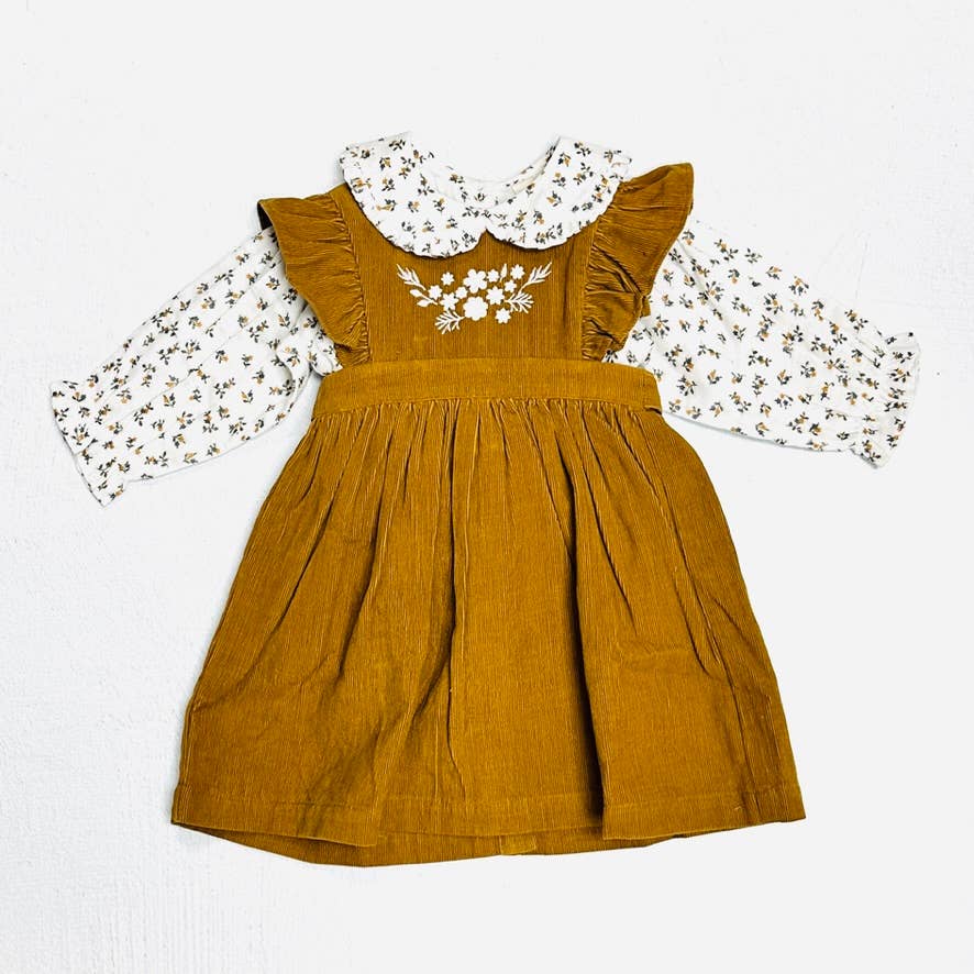 mustard yellow infant dress Alice Corduroy Pinafore Dress + Floral Shirt SET (Organic) Mustard / 2T