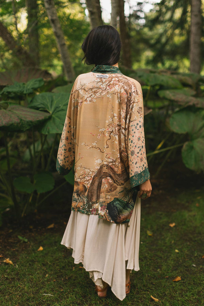 Fable Matinée Duster Kimono w/ Deer and Moon, mid-length