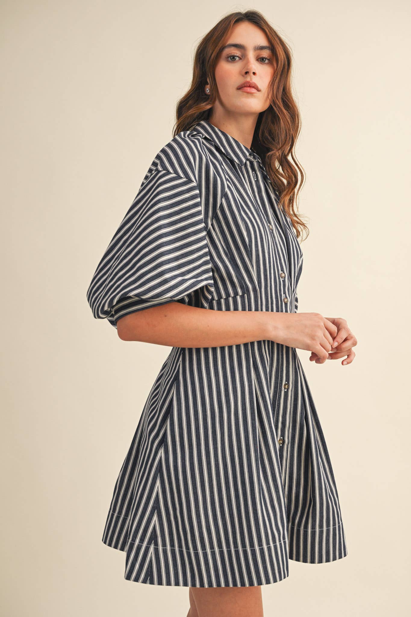 STRIPED DENIM BUBBLE SLEEVE MINI DRESS MDR4216