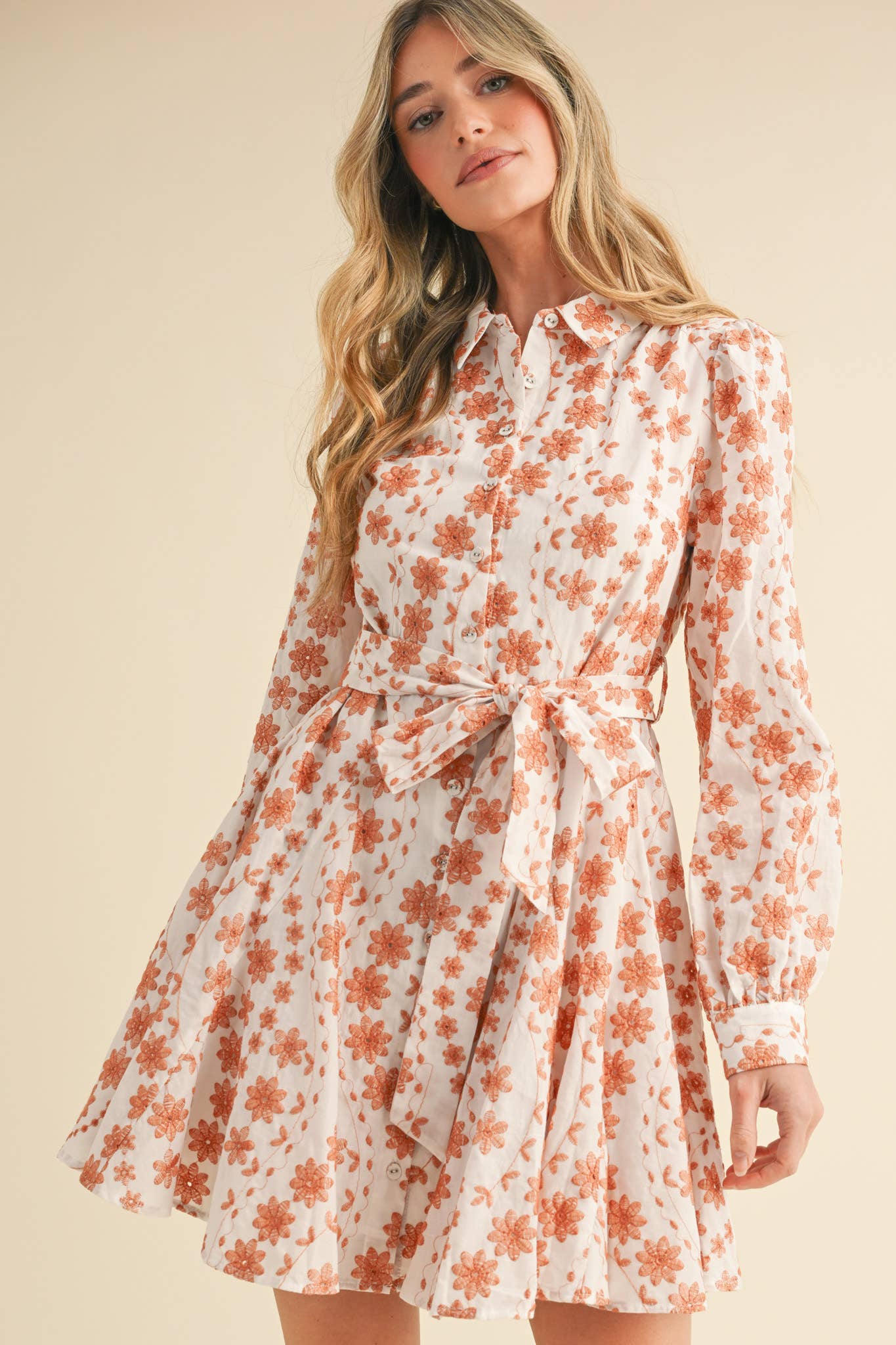 FLORAL EMBROIDERY BUTTON DOWN FLARED MINI DRESS