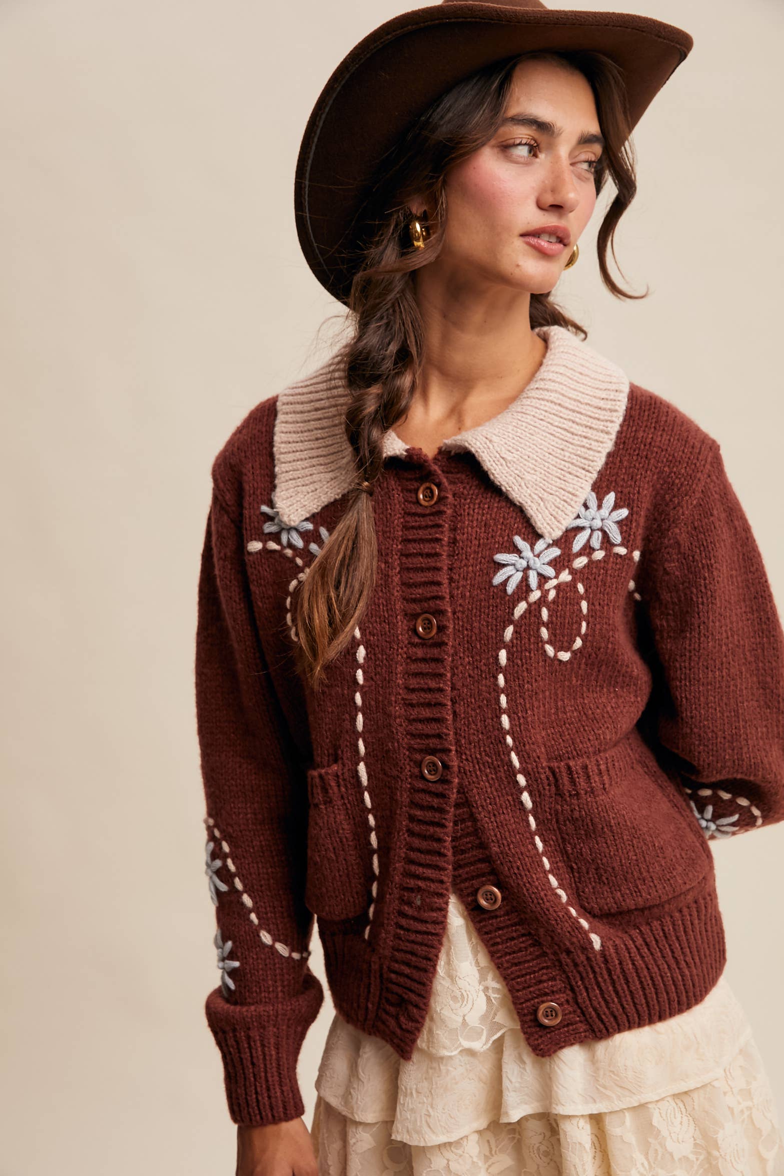 Embroidered Collar Knit Cardigan