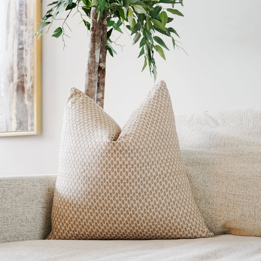 Indian Block Print Pillow Cover in Beige Floral: 20 in X 20 in