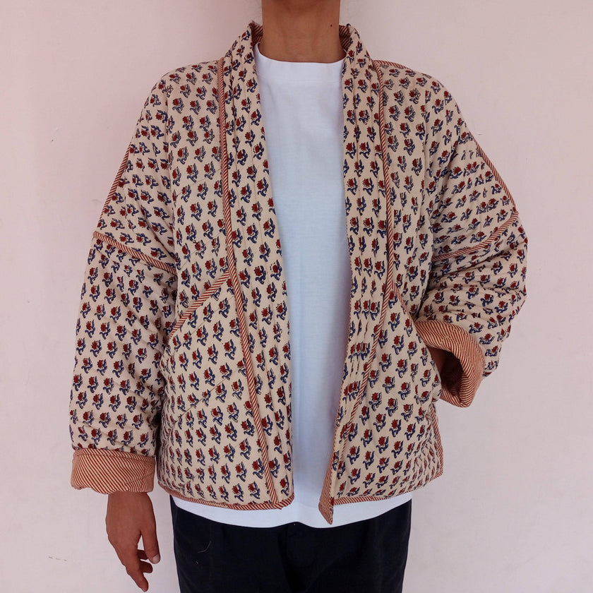 Kimono Jacket Block Print Reversible Quilted Floral Cotton