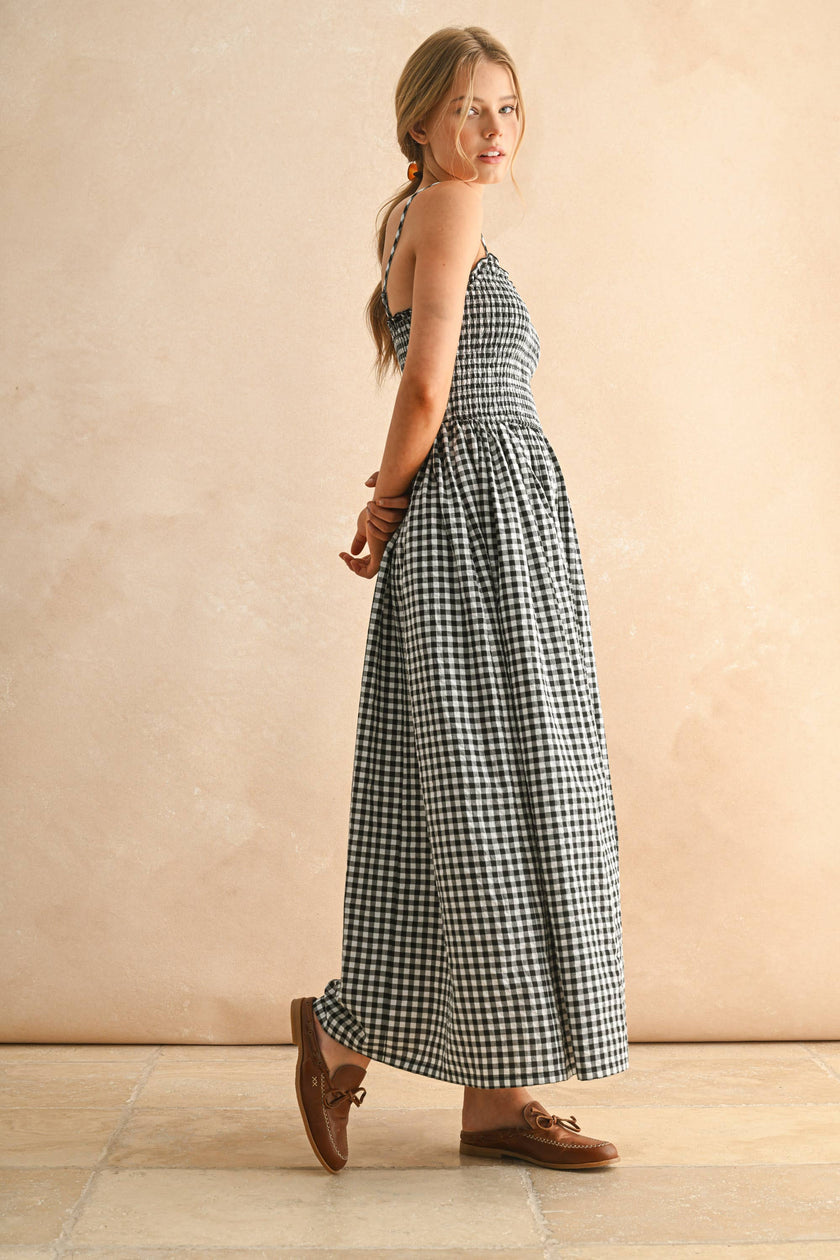 GINGHAM PRINT LONG DRESS