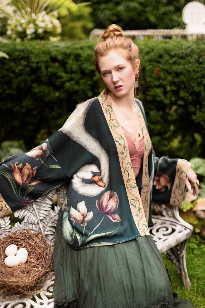Under My Wing Pixie Crop Kimono w/ Swan & feathers