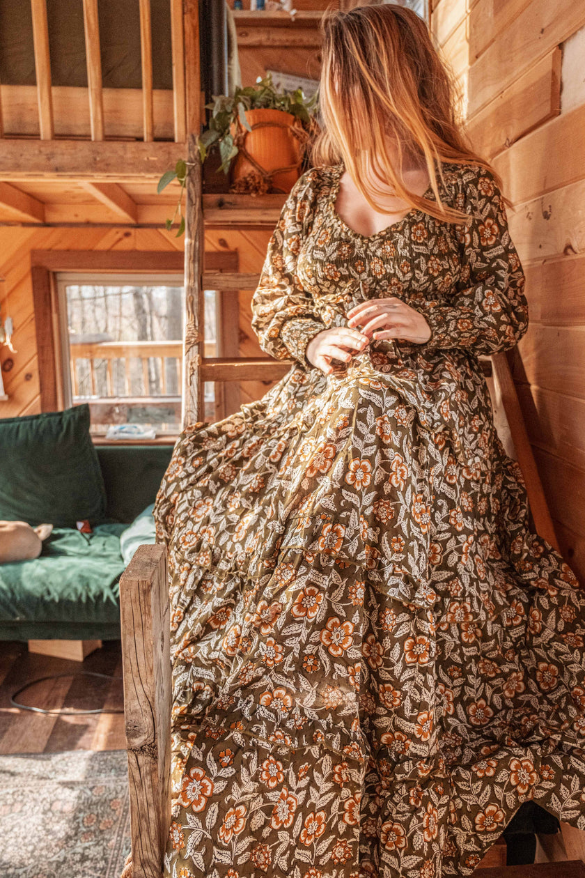 ORGANIC Cotton Block Printed Maxi Dress, Floral EMILIA Dress