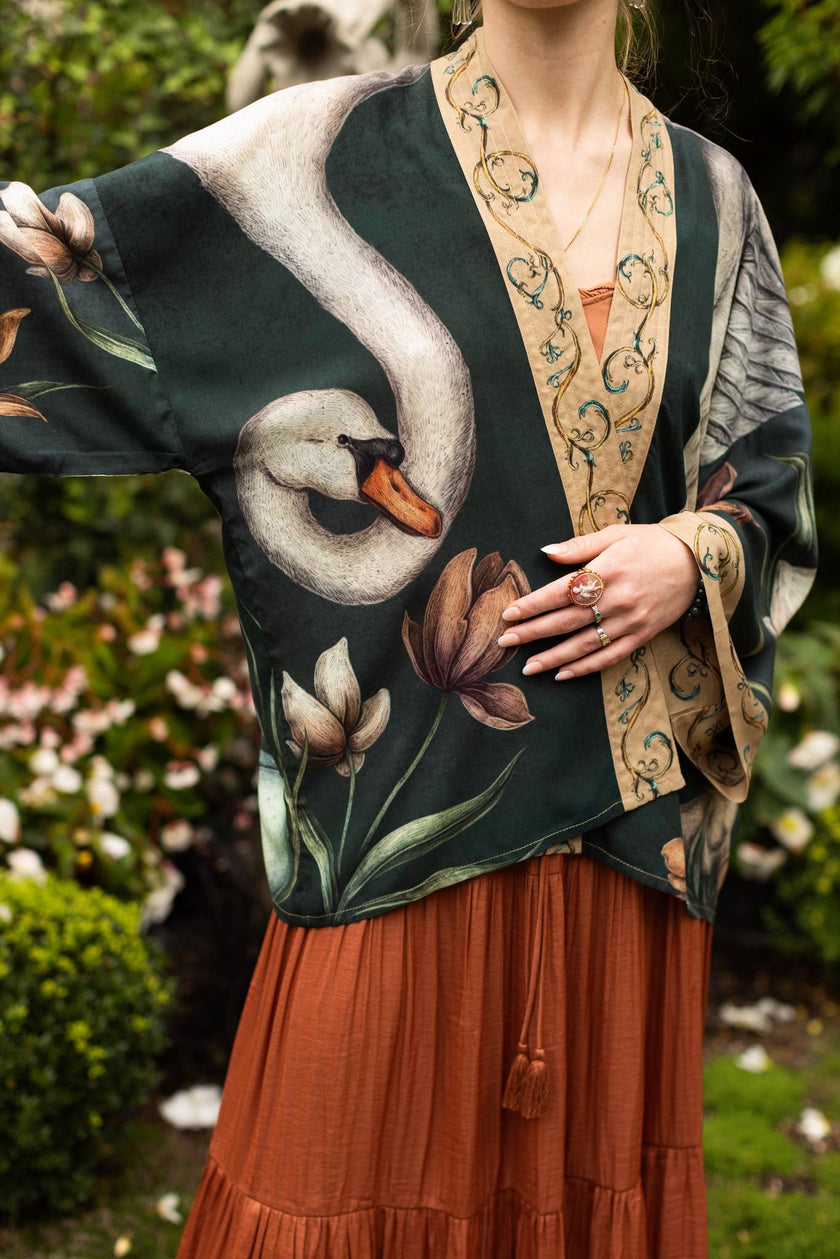 Under My Wing Pixie Crop Kimono w/ Swan & feathers