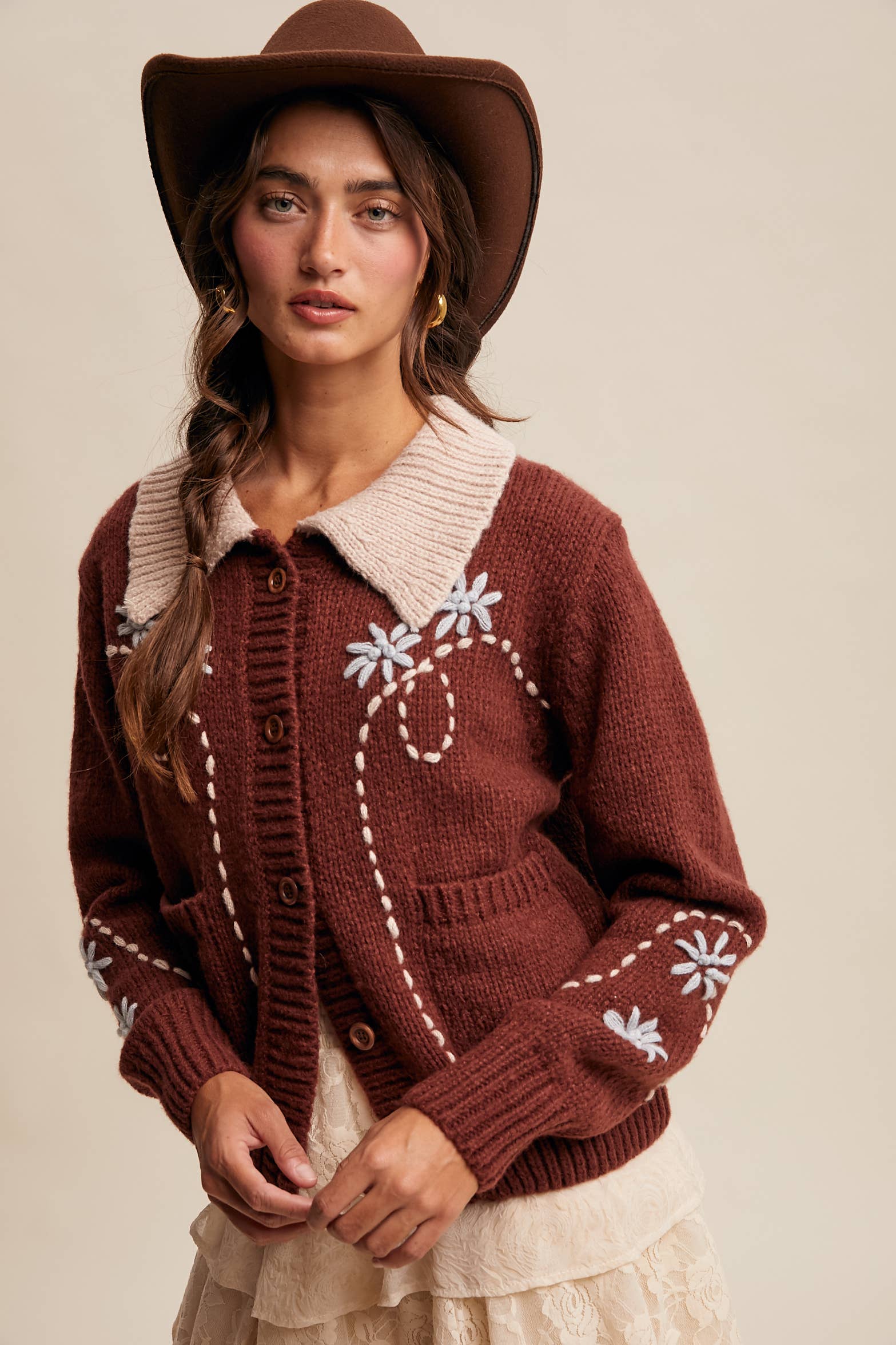 Embroidered Collar Knit Cardigan