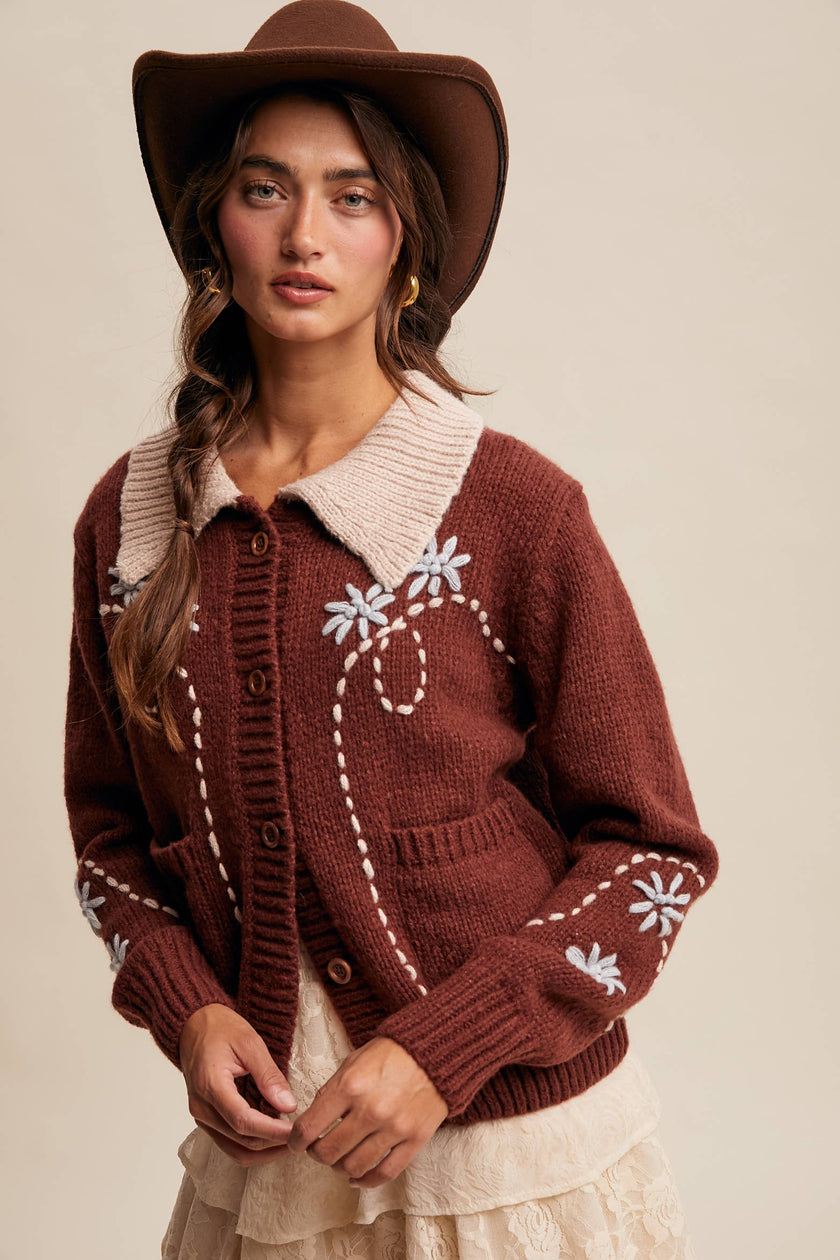 Embroidered Collar Knit Cardigan