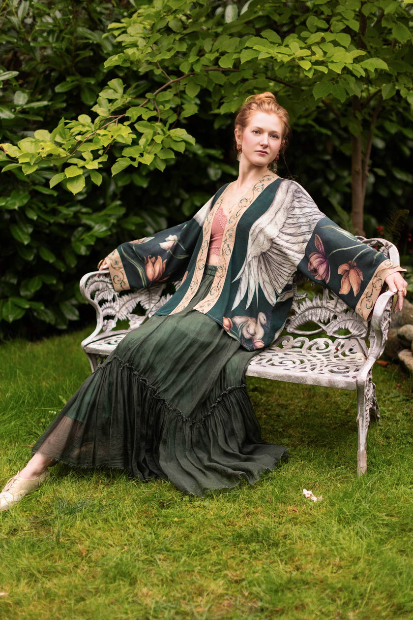 Under My Wing Pixie Crop Kimono w/ Swan & feathers