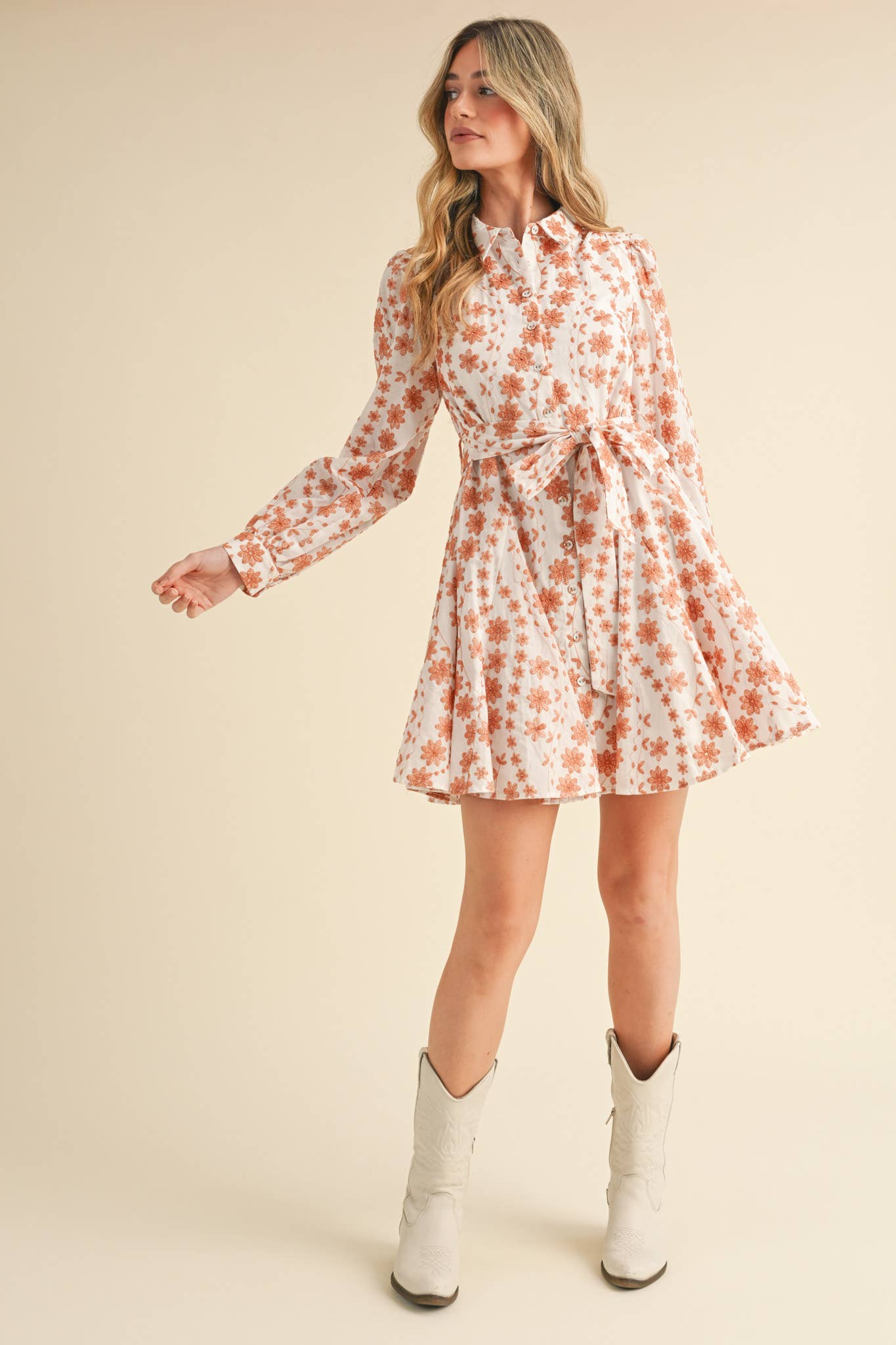 FLORAL EMBROIDERY BUTTON DOWN FLARED MINI DRESS