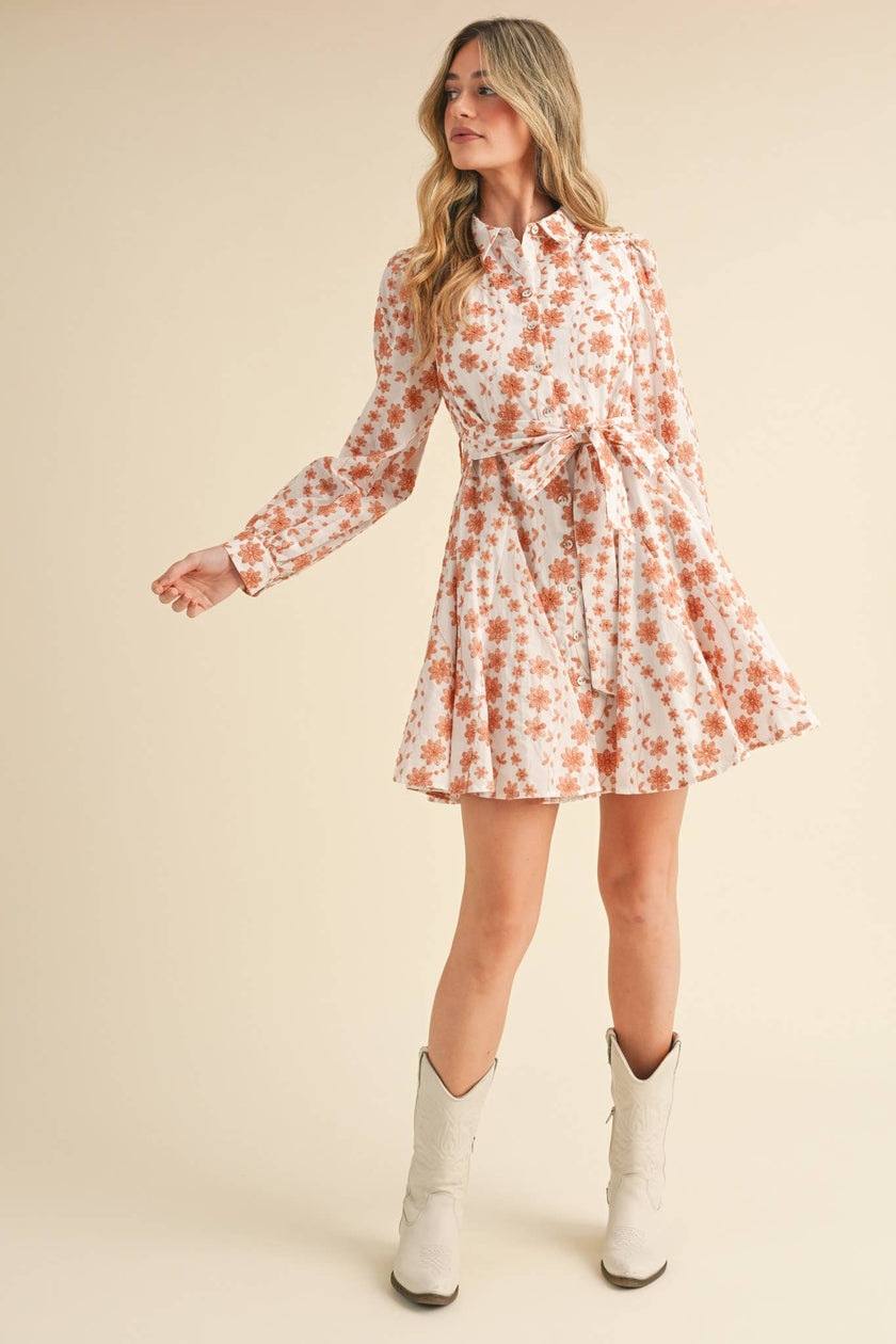 FLORAL EMBROIDERY BUTTON DOWN FLARED MINI DRESS