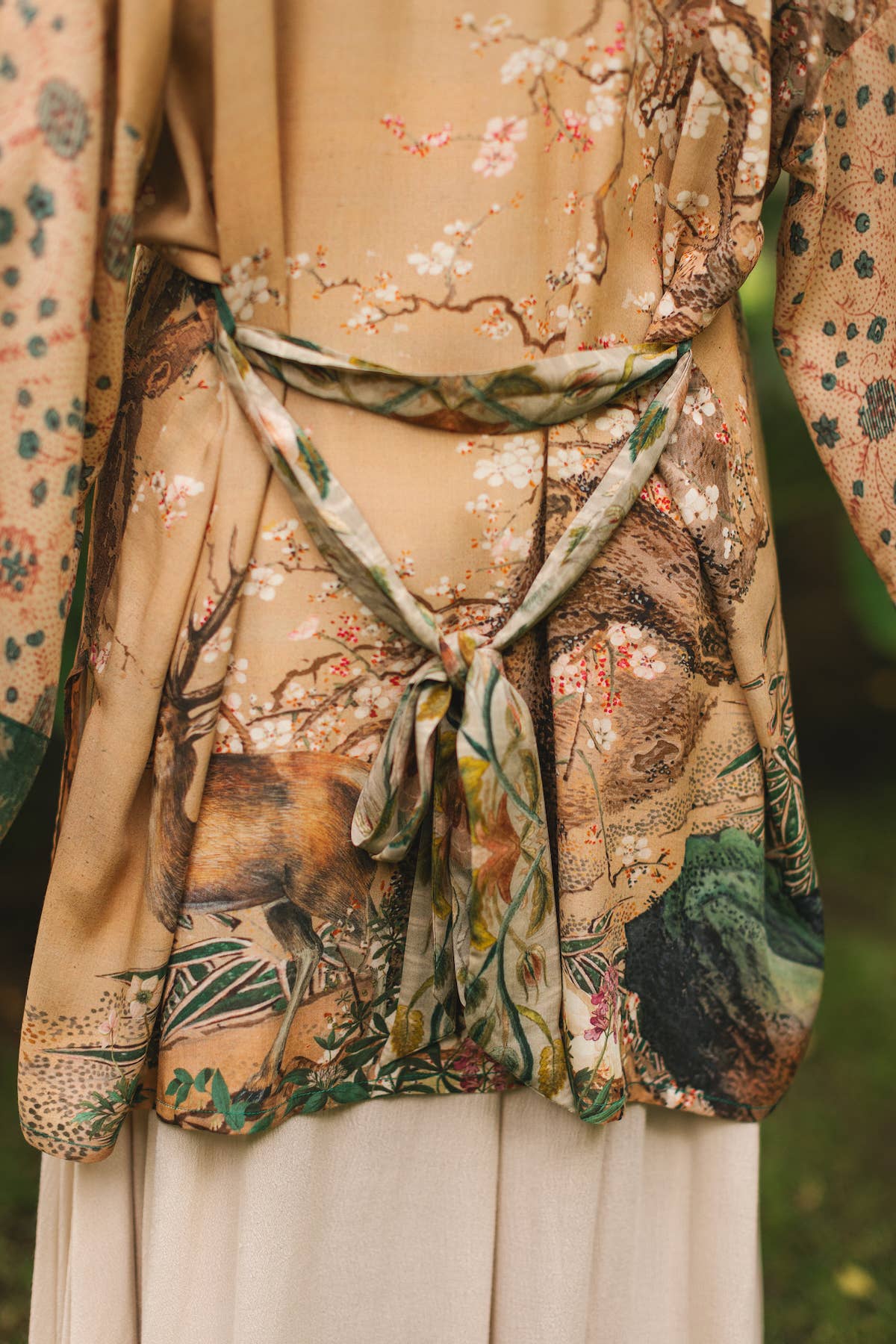 Fable Matinée Duster Kimono w/ Deer and Moon, mid-length