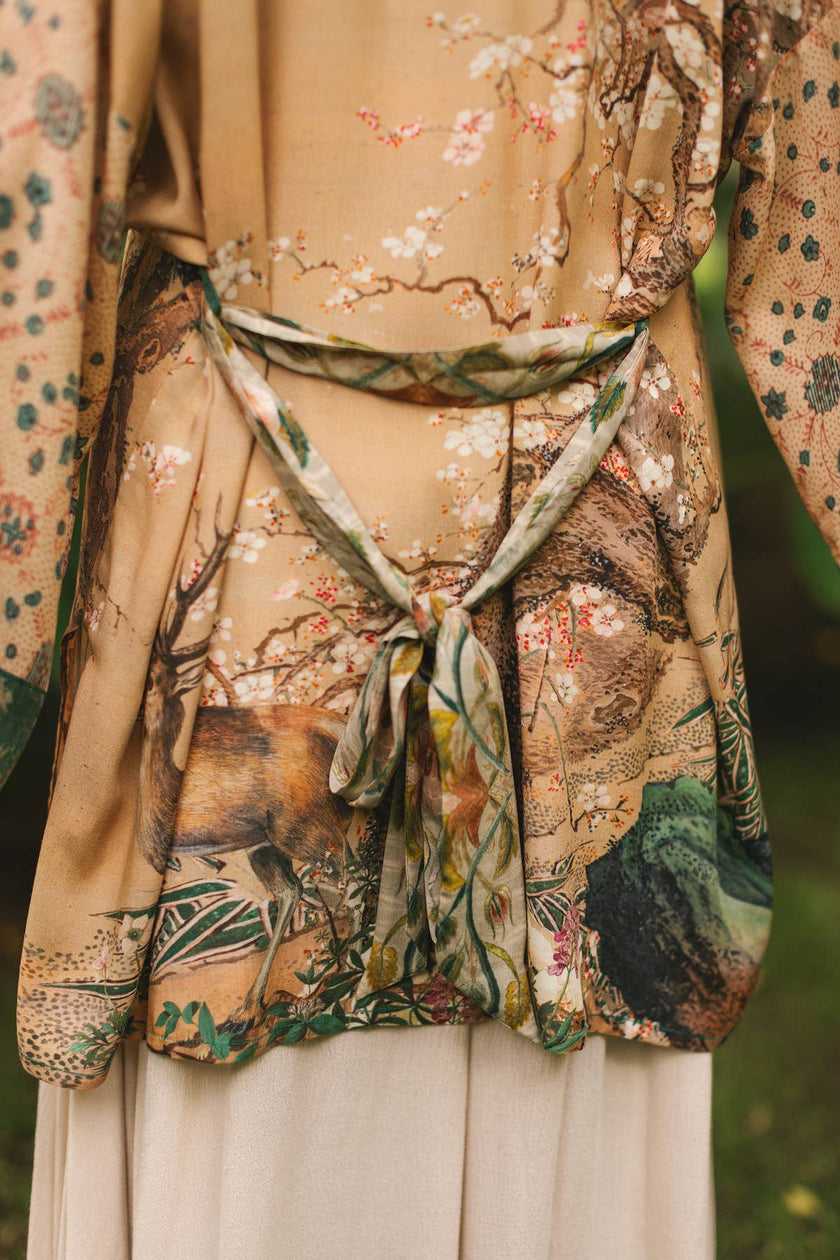 Fable Matinée Duster Kimono w/ Deer and Moon, mid-length