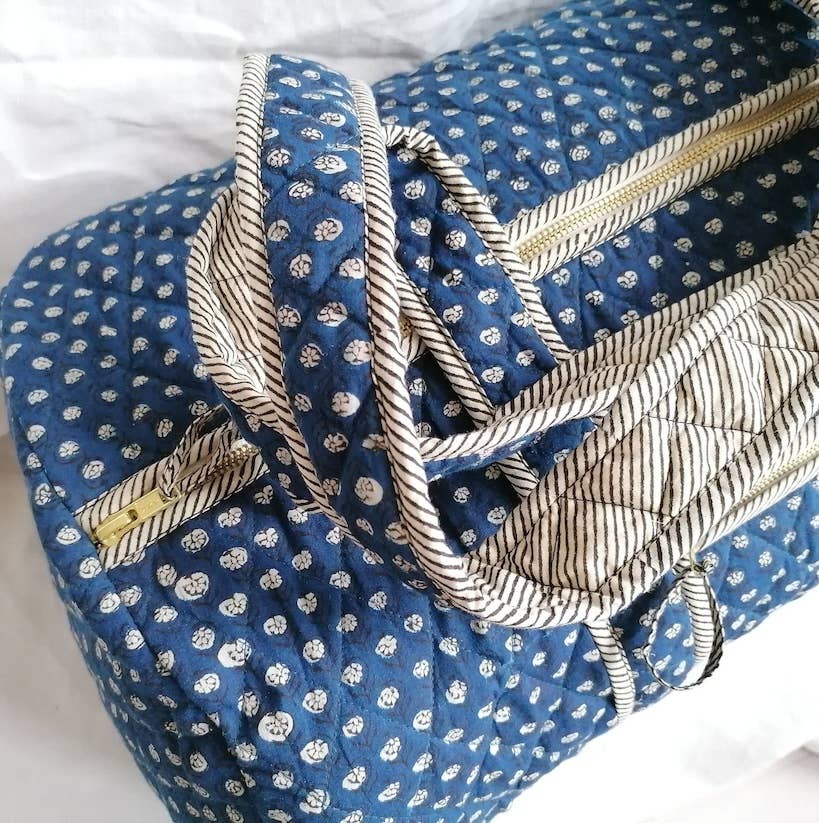 BIG Quilted Weekend Travel Shoulder Bag - Block Print Blue