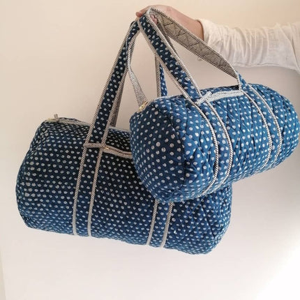 BIG Quilted Weekend Travel Shoulder Bag - Block Print Blue