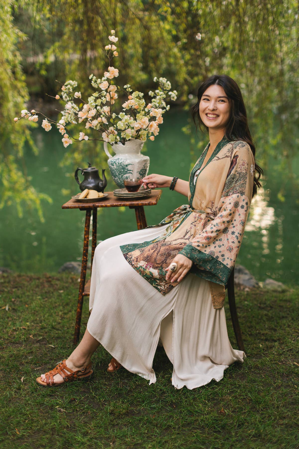 Fable Matinée Duster Kimono w/ Deer and Moon, mid-length