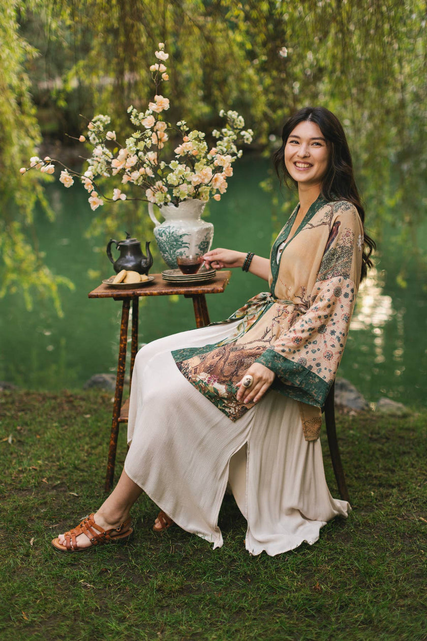 Fable Matinée Duster Kimono w/ Deer and Moon, mid-length