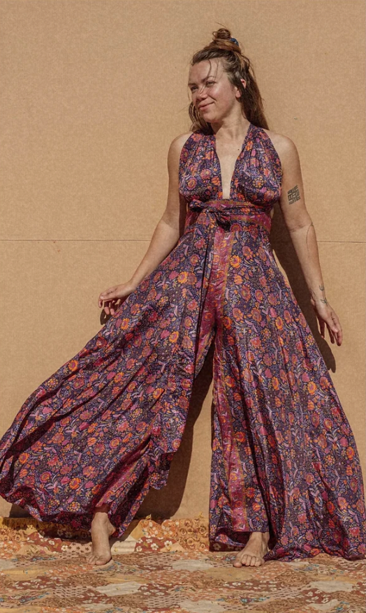 Hippie Bohemian Wide Leg Multi Way Silk Jumpsuit, XXS-5X