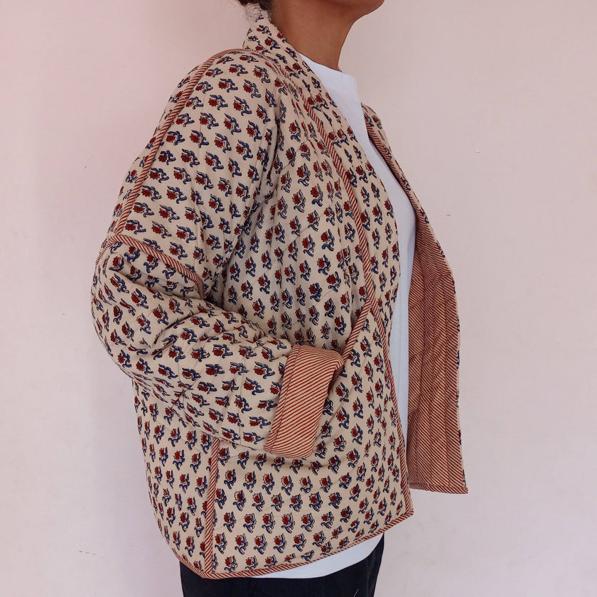 Kimono Jacket Block Print Reversible Quilted Floral Cotton