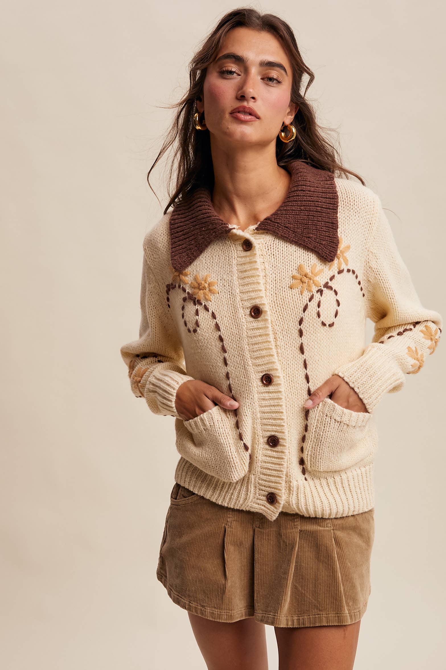 Embroidered Collar Knit Cardigan