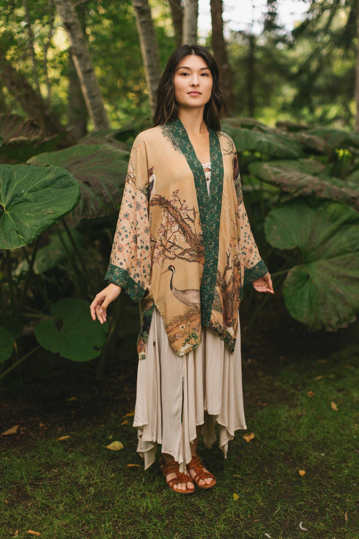 Fable Matinée Duster Kimono w/ Deer and Moon, mid-length