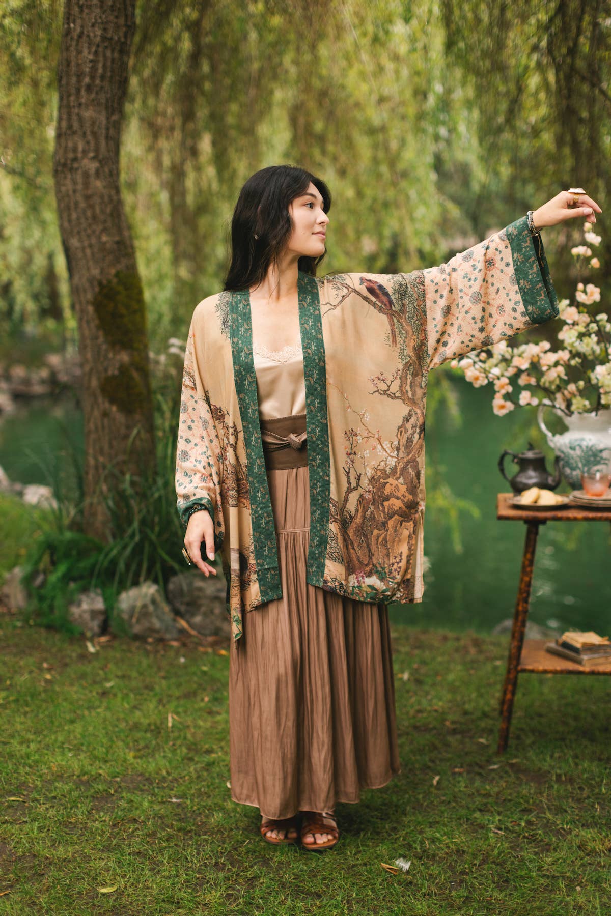 Fable Matinée Duster Kimono w/ Deer and Moon, mid-length