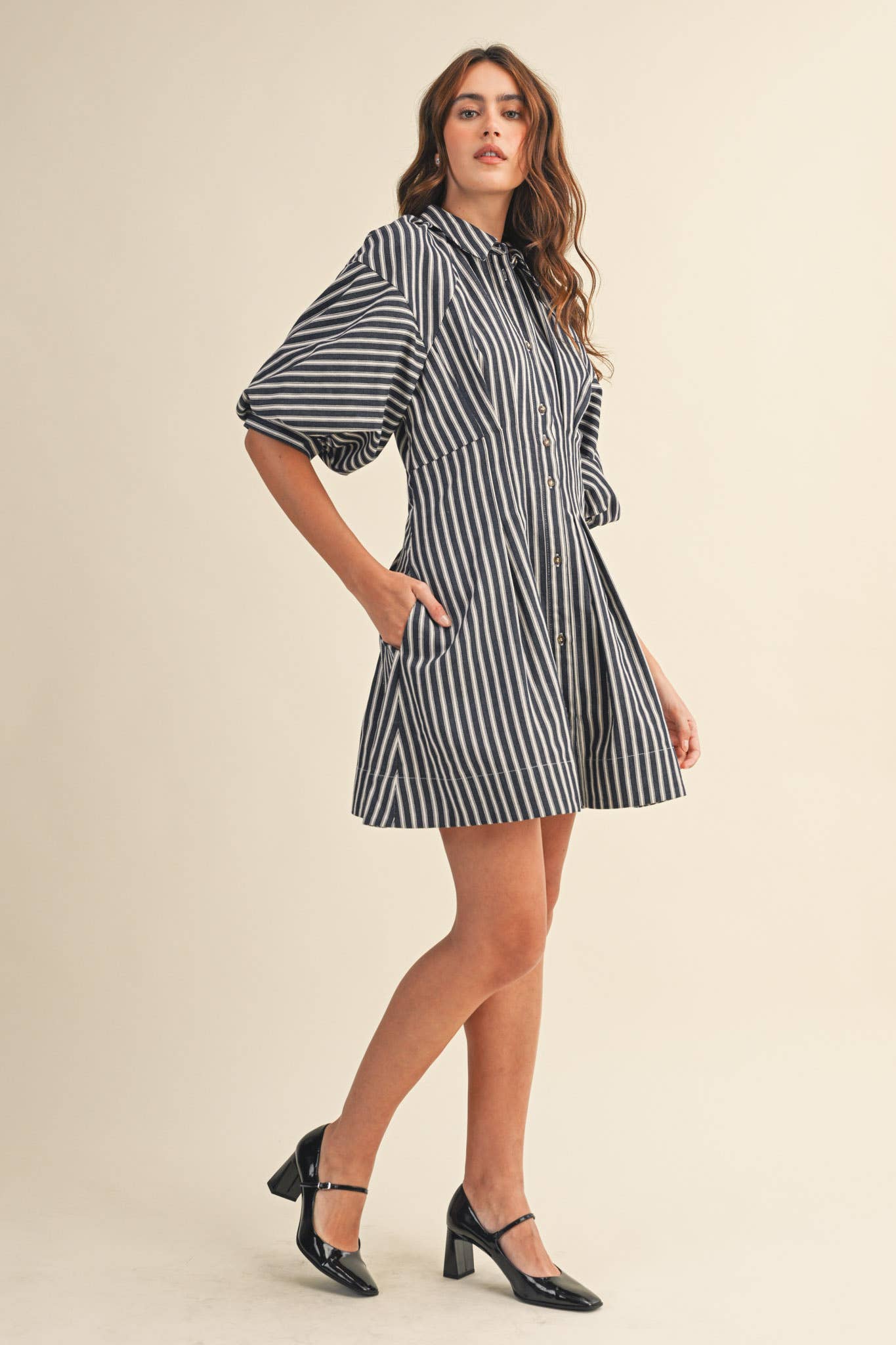 STRIPED DENIM BUBBLE SLEEVE MINI DRESS MDR4216