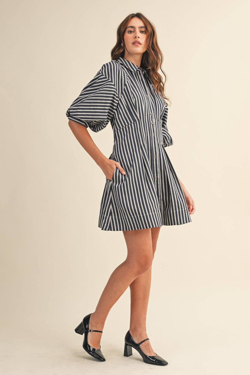 STRIPED DENIM BUBBLE SLEEVE MINI DRESS MDR4216
