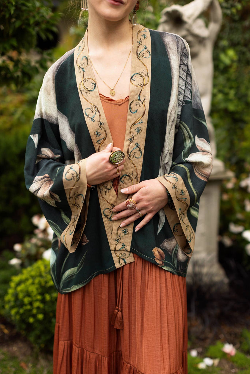 Under My Wing Pixie Crop Kimono w/ Swan & feathers