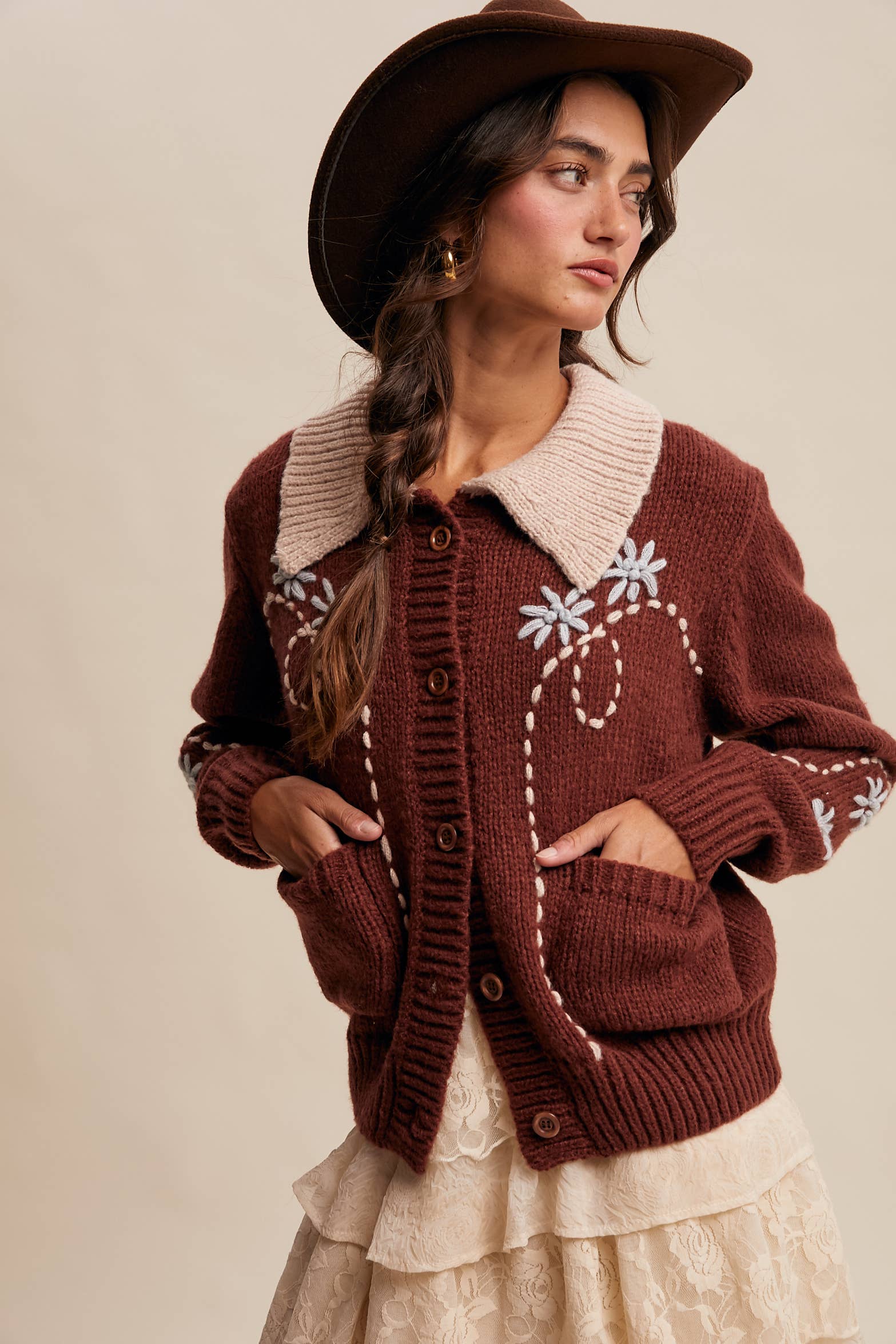 Embroidered Collar Knit Cardigan