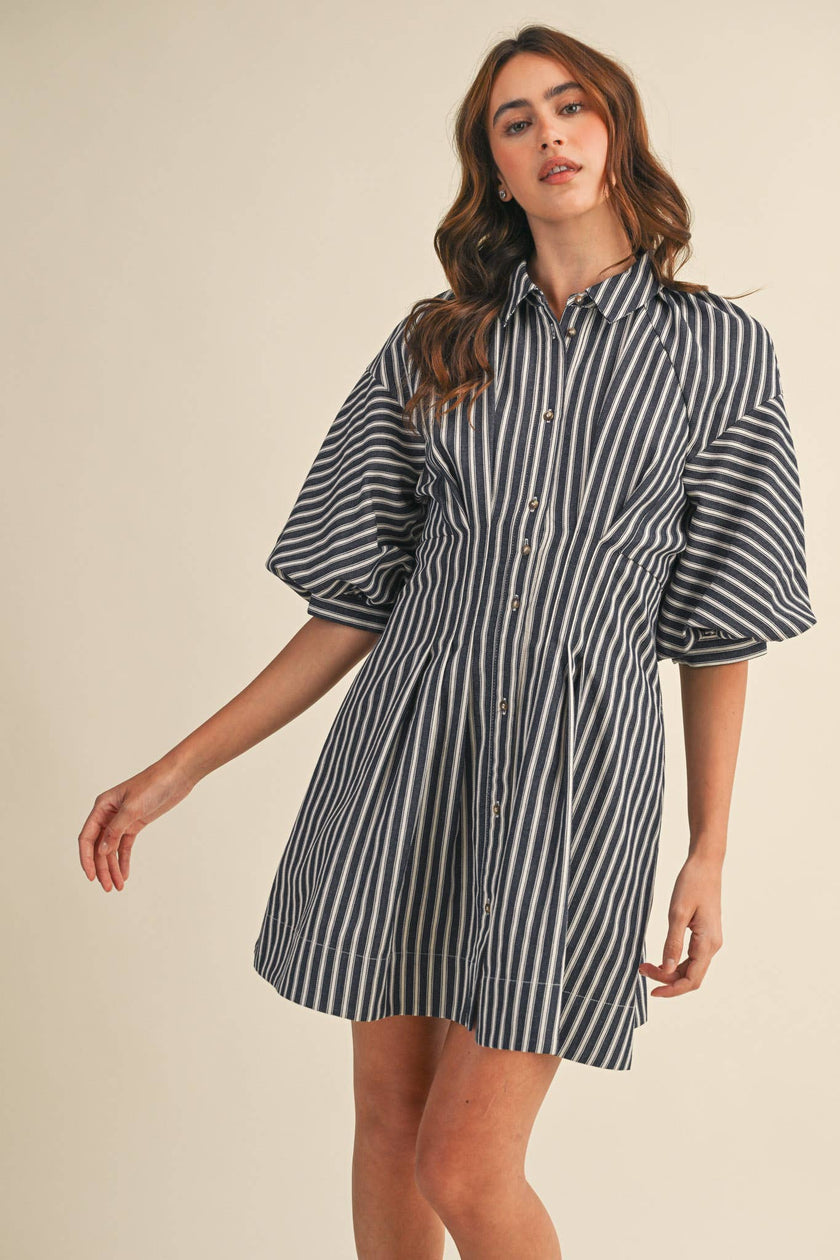 STRIPED DENIM BUBBLE SLEEVE MINI DRESS MDR4216