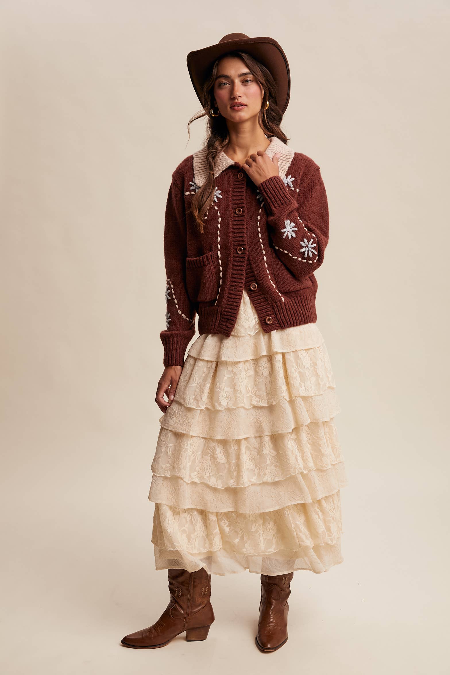 Embroidered Collar Knit Cardigan